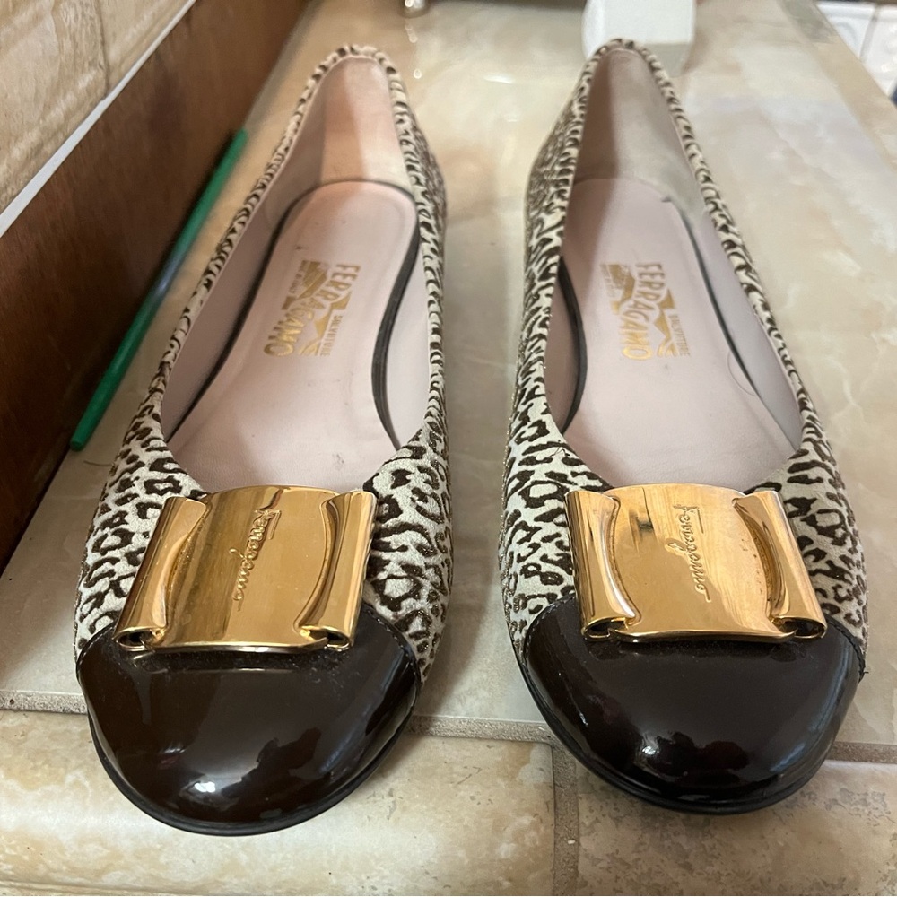 Salvatore Ferragamo Leopard Print Flats with Gold Buckle